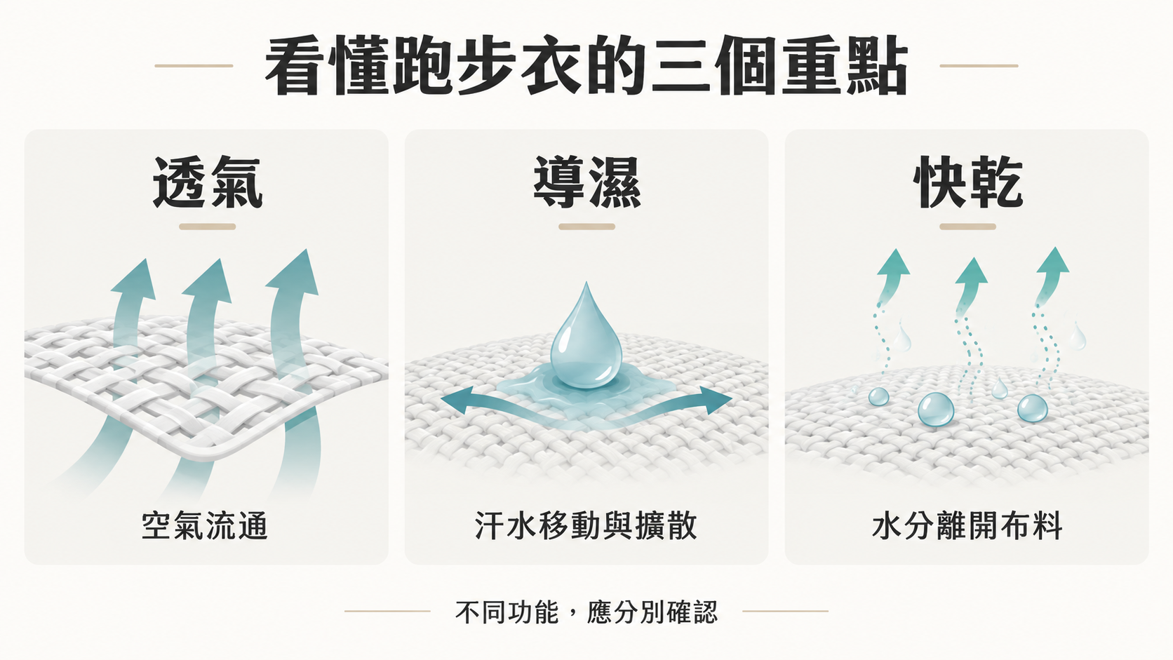 透氣、導濕與快乾三項功能示意，分別呈現空氣流通、汗水擴散與水分離開布料